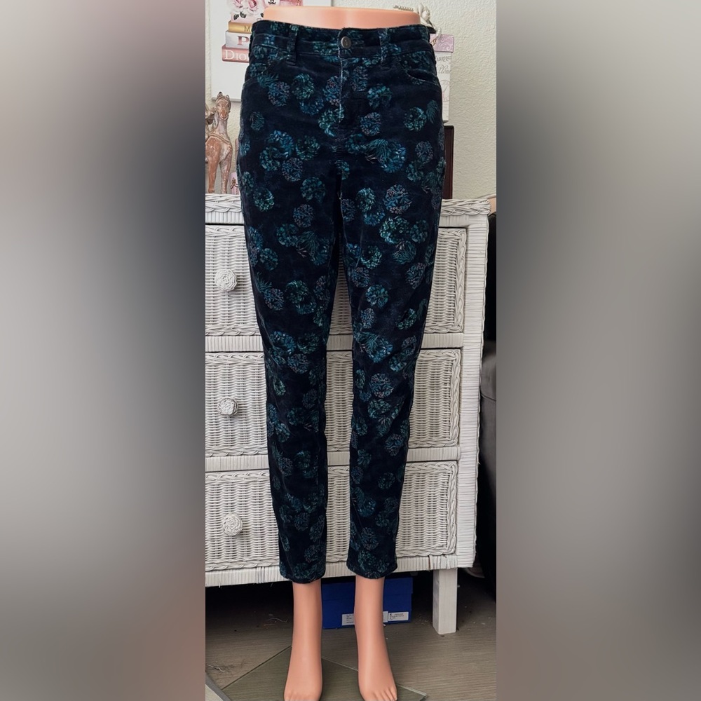 Anthropologie Pilcro Script Velvet Ankle Pants Mid Rise Skinny Blue Floral Sz 26
